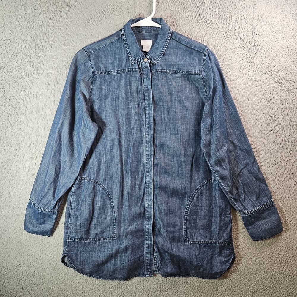 Chico's Tunic Shirt Shacket Women Size 1 US 8‎ Lyocell Button Up Pockets Blue